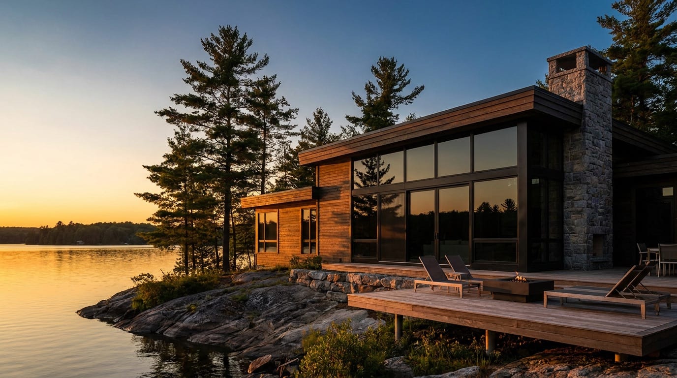 Modern lakeside cottage in Ontario at golden hour with tinted floor-to-ceiling windows